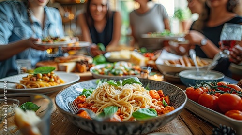 joyful group of pals enjoying pasta at a home gathering happy individuals sharing a meal lifestyle idea with friends and acquaintances commemorating turkey day vibrant edit  photo