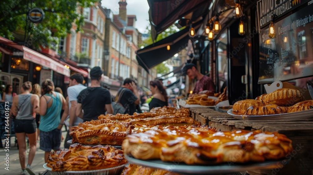 a tempting array of freshly baked pies, their golden crusts glistening, presented at a street market with a bustling, blurry background.