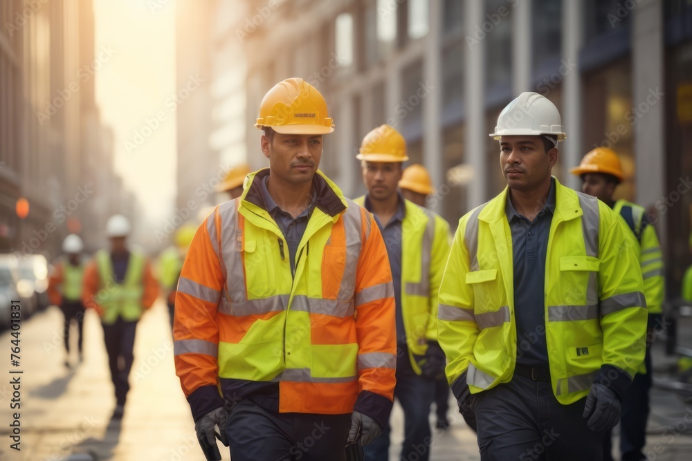 Group of construction workers in safety suit and hat walking on city street Group of construction workers in safety suit and hat walking on city street