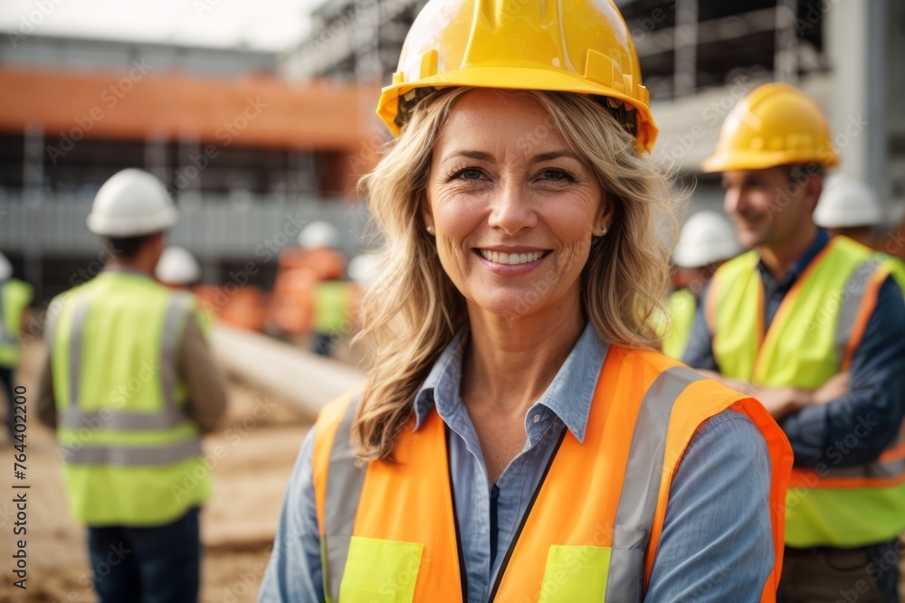 Cheerful mature female architect wearing safety hat standing against construction building background Cheerful mature female architect wearing safety hat standing against construction building background