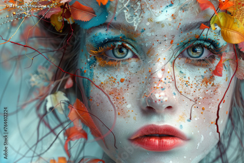 Close-up of a woman's face with conceptual autumn-inspired makeup, surrounded by fallen leaves and vivid colors.