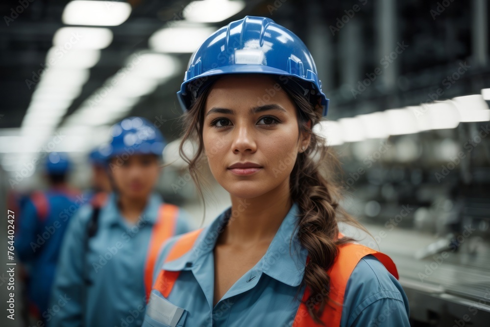 Female factory worker wearing safety helmet on factory production background Female factory worker wearing safety helmet on factory production background