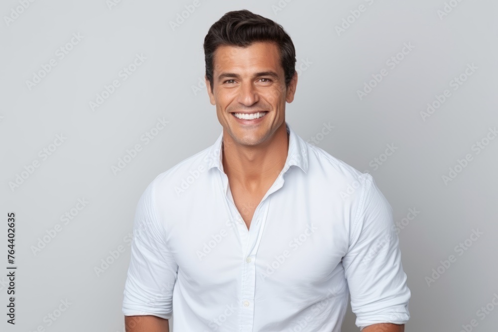 Portrait of handsome young man smiling at camera while standing against grey background Portrait of handsome young man smiling at camera while standing against grey background