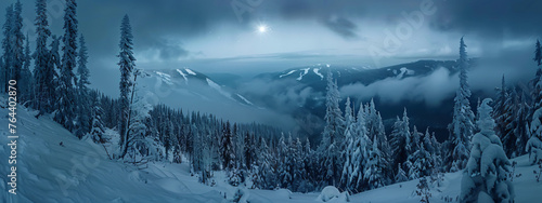 beautiful winter landscape, snowcovered forest on the background of mountains, panoramic view, moonlight shining through clouds, blue tones, high resolution photography © Clipart Collectors