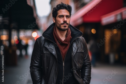 Portrait of a handsome young man in a leather jacket on a city street. © Iigo