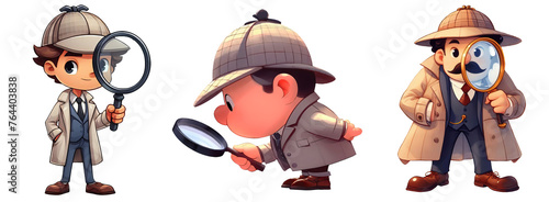 A set of 3 cartoon detectives searching for clues, isolated on a transparent  background