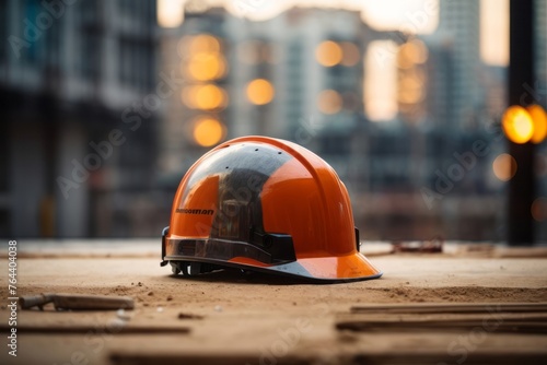 safety helmet with unfinished city building construction site background