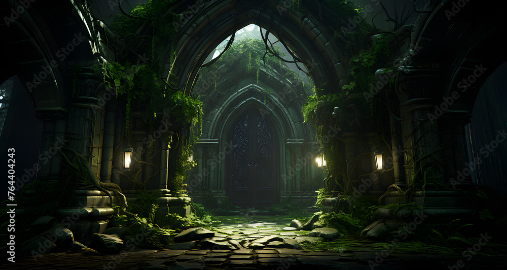 a gothic cathedral with a stone walkway in the woods