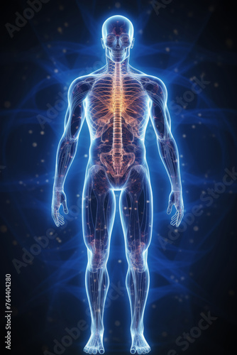 Artistic unreal depiction of human body with blue and yellow glow,stylized as x-ray image,front view