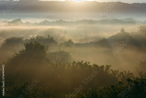 Autumn sunrise at Erh-liao, a low altitude hilly town in southern Taiwan, constitutes a misty scenery by radiant sunlight passing through multi-layered fog and woods.