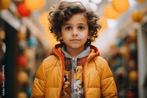 Portrait of a little boy in a yellow jacket in the shopping center