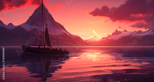 an illustration of sailboat with mountains in the background