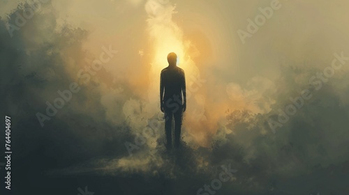 A silhouette of exhaustion the man stands burnout casting long shadows across his spirit