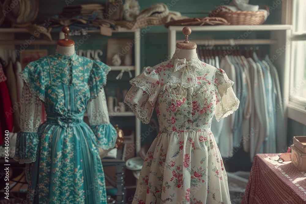 Vintage Dresses Displayed in Antique Boutique Interior with Mannequin, Classic Fashion and Retro Style Concept