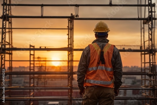 Male construction worker on scaffolding in building industry construction at sunset
