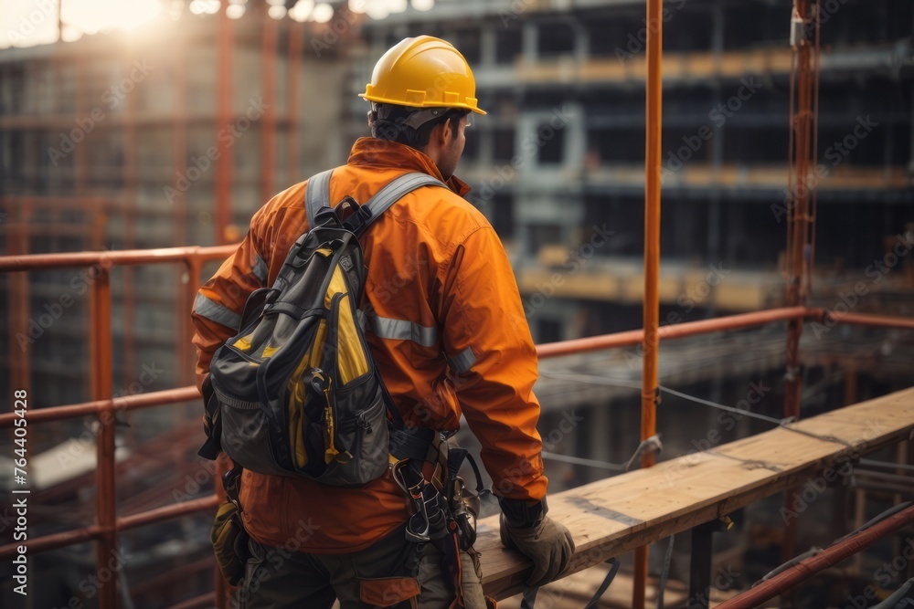 construction workers wearing safety equipment working at the height of building construction workers wearing safety equipment working at the height of building
