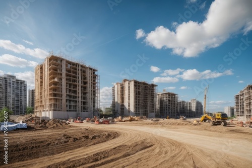Construction site with unfinished residential buildings with construction machine tools under blue sky