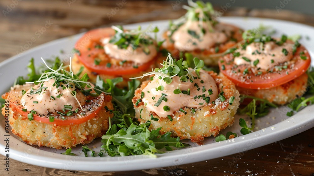 Fried green tomatoes topped with remoulade sauce and microgreens