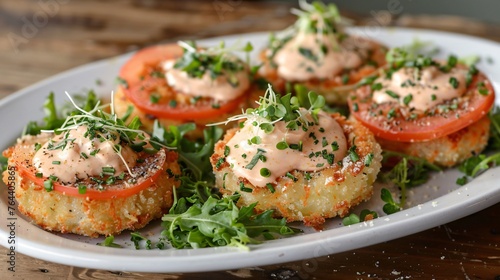 Fried green tomatoes topped with remoulade sauce and microgreens