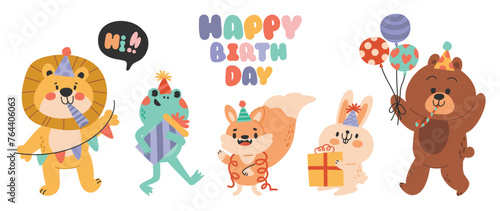 Happy birthday concept animal vector set. Collection of adorable wildlife  lion  frog  monkey  pig  crocodile. Birthday party funny animal character illustration for greeting card  kids  education.