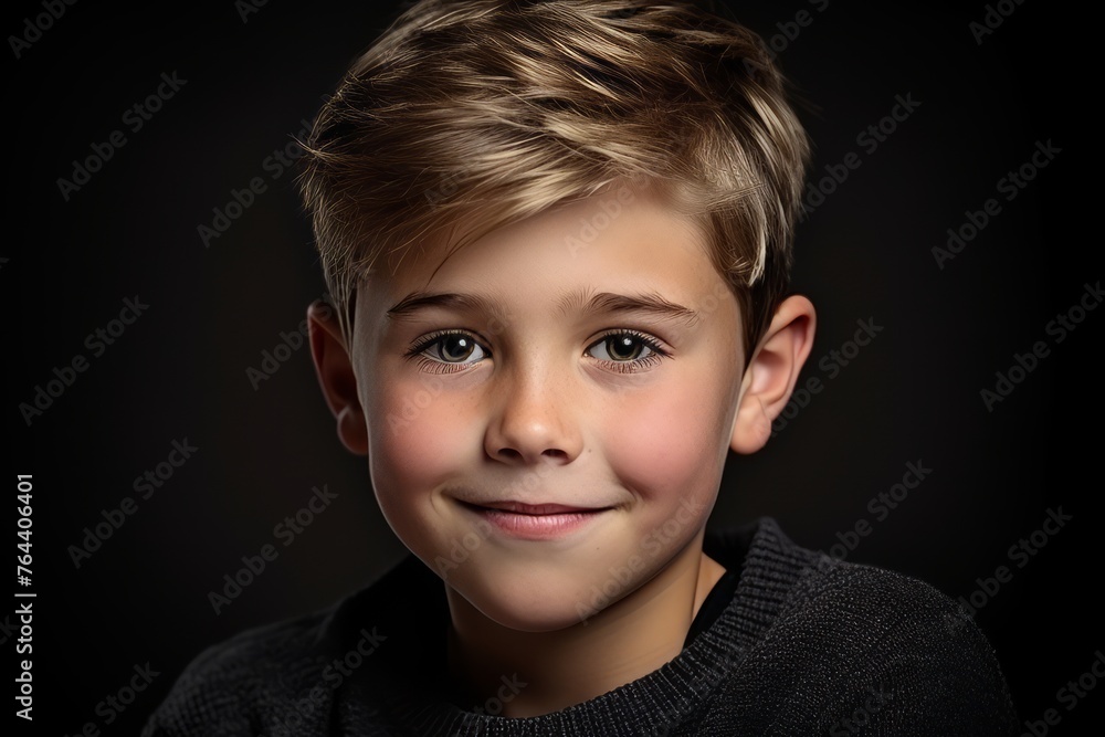 Portrait of a cute little boy on a dark background. Studio shot. Portrait of a cute little boy on a dark background. Studio shot.