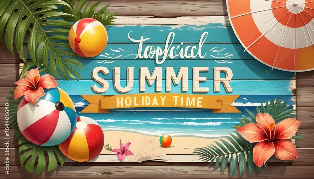 Vector Summer Time Holiday typographic illustration on vintage wood background. Tropical plants, flower, beach ball and sunshade. Eps 10 design. - obrazy, fototapety, plakaty 