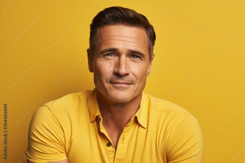 Portrait of handsome mature man looking at camera and smiling while standing against yellow background Portrait of handsome mature man looking at camera and smiling while standing against yellow background