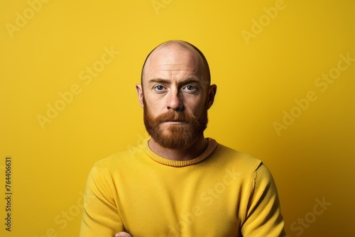 Portrait of a red-bearded man in a yellow sweater on a yellow background