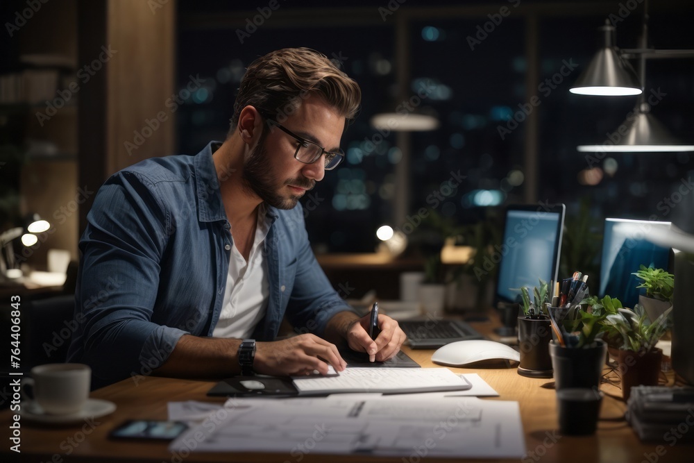 Male architect interior designer working to create business concept ideas in office workspace
