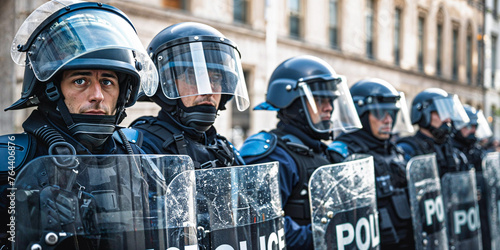 Police with riot shields, wide banner photo