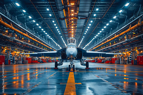 Fighter jets in hanger of aircraft carrier, modern military