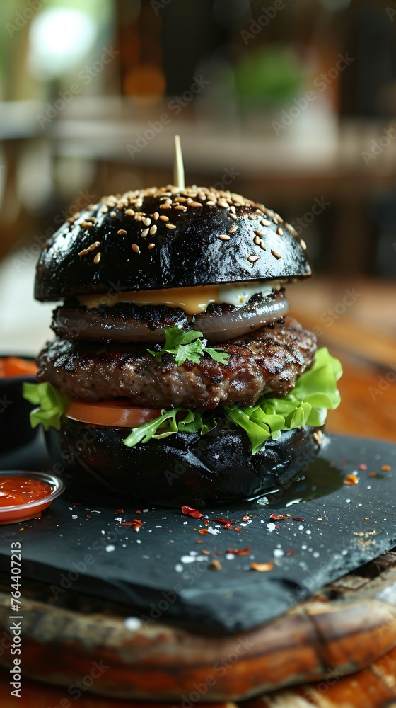Squid ink burger a surprising creation with a squid patty and a jet black bun served with aioli Squid ink burger a surprising creation with a squid patty and a jet black bun served with aioli