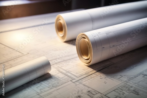 Architect scrolls and technical project architectural plans with paper blueprint