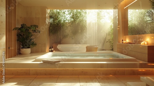 Spa-inspired bathroom, minimal products, focus on relaxation
