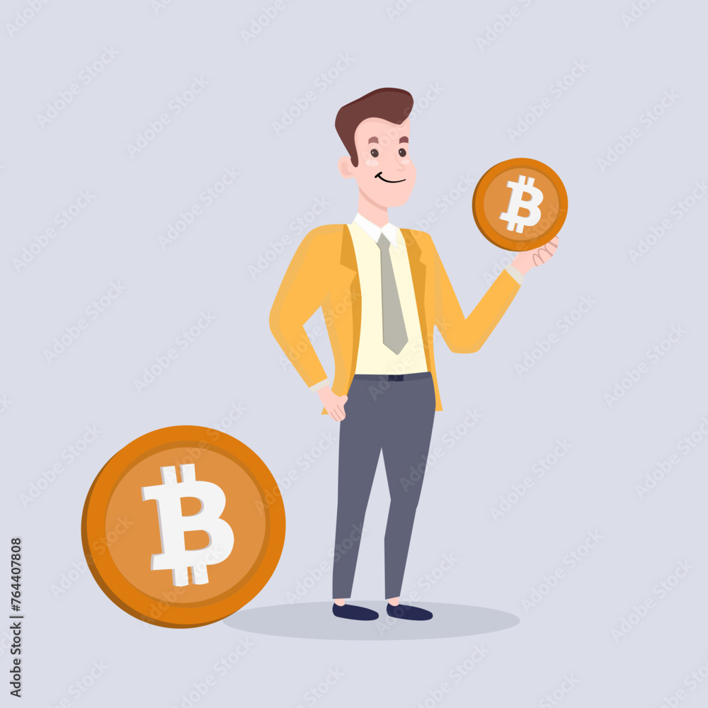 Businessman showing a happy expression Holding digital currency coins (bitcoin) Businessman showing a happy expression Holding digital currency coins (bitcoin)
