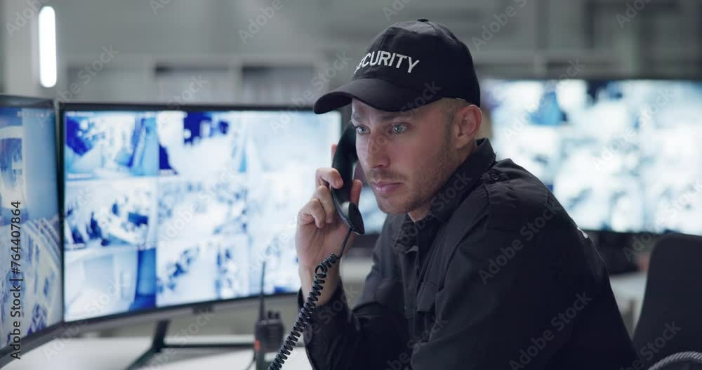 Man, phone call or talking with cctv monitor for protection, security service and building safety check. Face, video surveillance agency or male guard in control room with footage or camera for crime