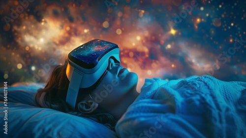 A person sleeping with a sleek VR headset, above them a surreal, vivid dream landscape materializes, blending dreams with digital augmentation for therapeutic purposes