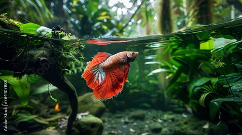 A vivid Siamese fighting fish exploring a secluded pool in an enchanted forest The water is clear and reflects the lush green canopy above while magical flora and fauna decorate the scene