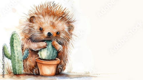 A porcupine cuddling with a cactus plushie water color photo