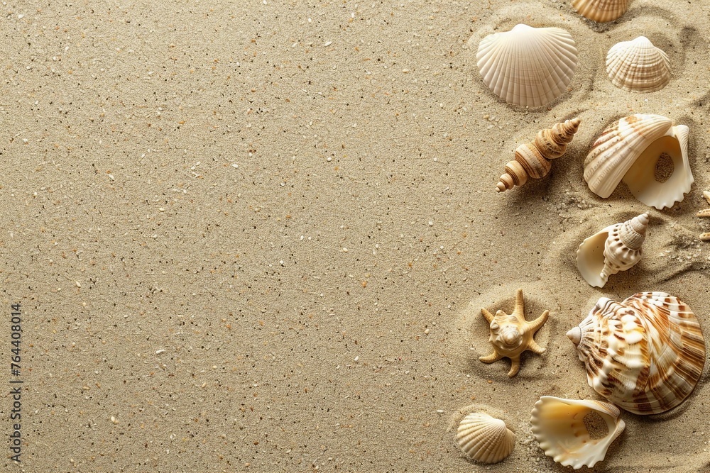 Sea shells on sandy beach. Summer background. Top view. generative ai. Sea shells on sandy beach. Summer background. Top view. generative ai.