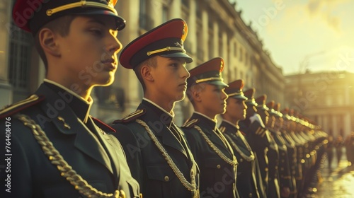 Uniformed honor guard standing in formation during ceremonial event. Military ceremony and discipline. photo