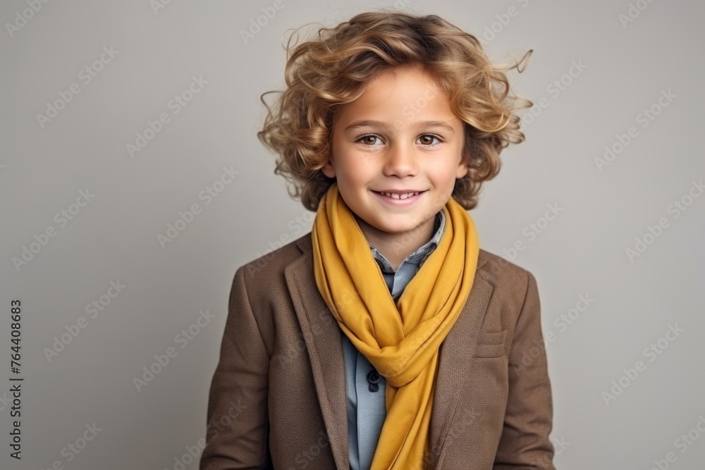 Portrait of a cute little boy in a brown jacket and yellow scarf. Portrait of a cute little boy in a brown jacket and yellow scarf.