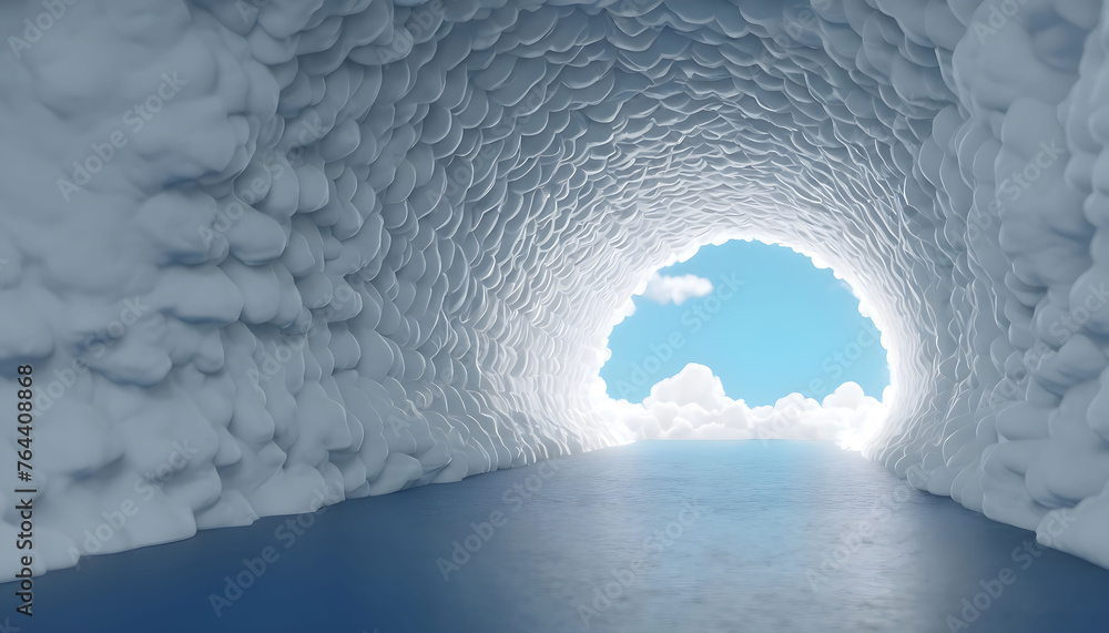 Fototapeta premium 3d render, abstract minimal blue background with white clouds flying out the tunnel