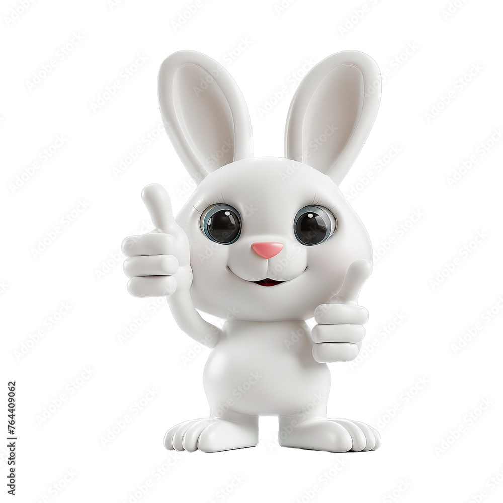 Cartoon little white Easter rabbit character giving thumb up isolated on transparent background. Funny furry hare. 3d realistic illustration. Element for design greeting card, banner, poster
