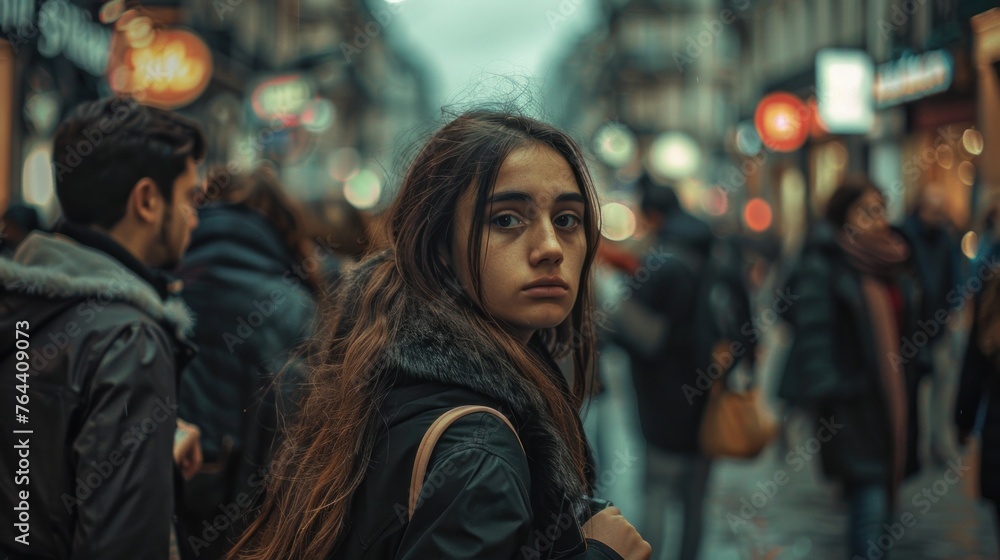 Young woman with contemplative expression walking in crowded city street during dusk. Urban lifestyle and solitude among many. Young woman with contemplative expression walking in crowded city street during dusk. Urban lifestyle and solitude among many.