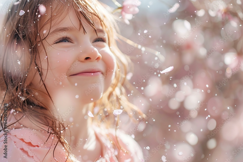 Delightful giggles in a rain of cherry blossom petals, spring joy Delightful giggles in a rain of cherry blossom petals, spring joy