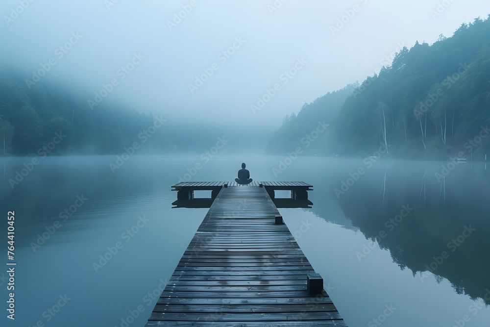 Tranquil Misty Lake - obrazy, fototapety, plakaty 