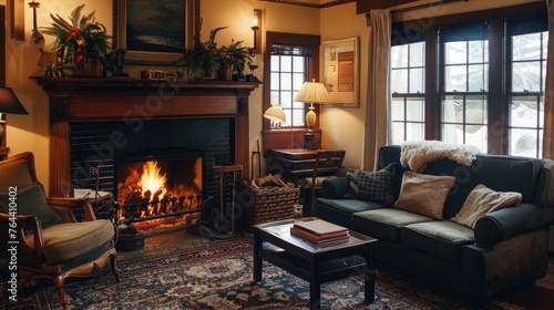 A cozy living room with a fireplace and comfortable seating