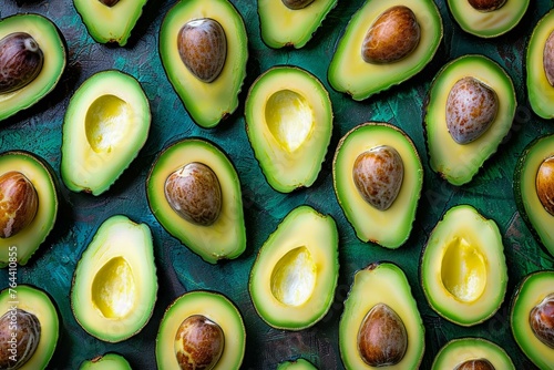 Avocado halves in a neat row, a pattern of healthy fats