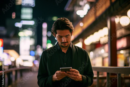 man using smartphone in city at night, tokyo photo